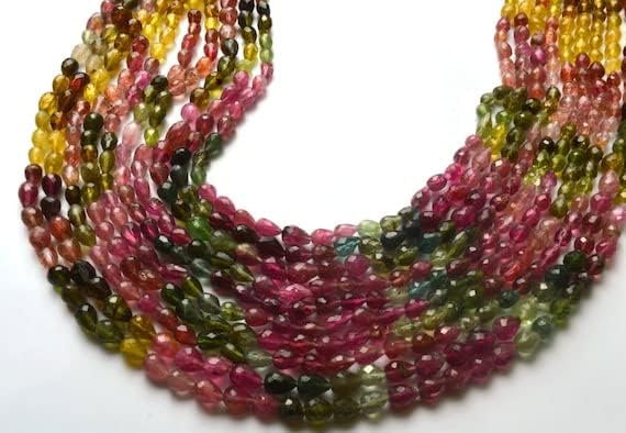 Beads Gemstone 1 Strand Natural 14 inch AAA Super Finest Natural Rare Tourmaline Multi Color Faceted Drops Shape Beads 4.5 to 5 MM Code-HIGH-22162