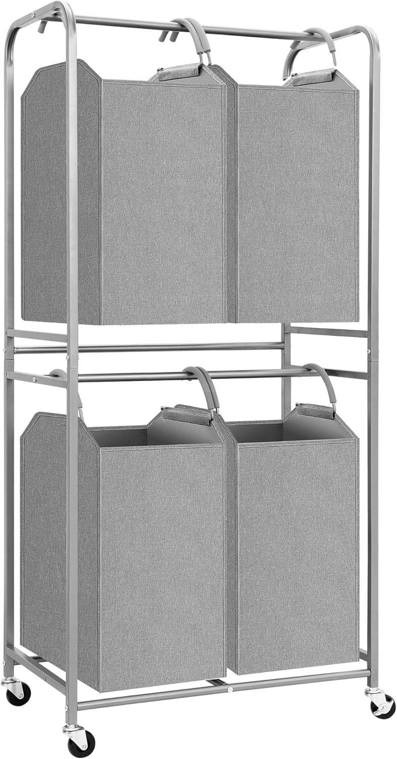 STORAGE MANIAC 4 Section Vertical Laundry Hamper, 2 Tier Laundry Sorter with 4 Removable Tote Bags, Rolling Clothes Basket for Towels, Blankets, Tall Dirty Clothes Hamper for Closet, Bathroom, 4 Bags