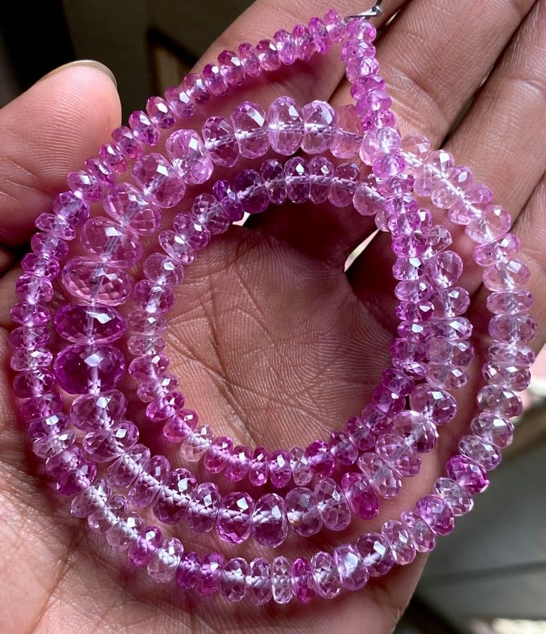Natural Pink Sapphire Corundum roundelle facated Beads 5-9 MM 21 inch Long String Jewelry Making Gemstone Beads for Necklace Bracelet