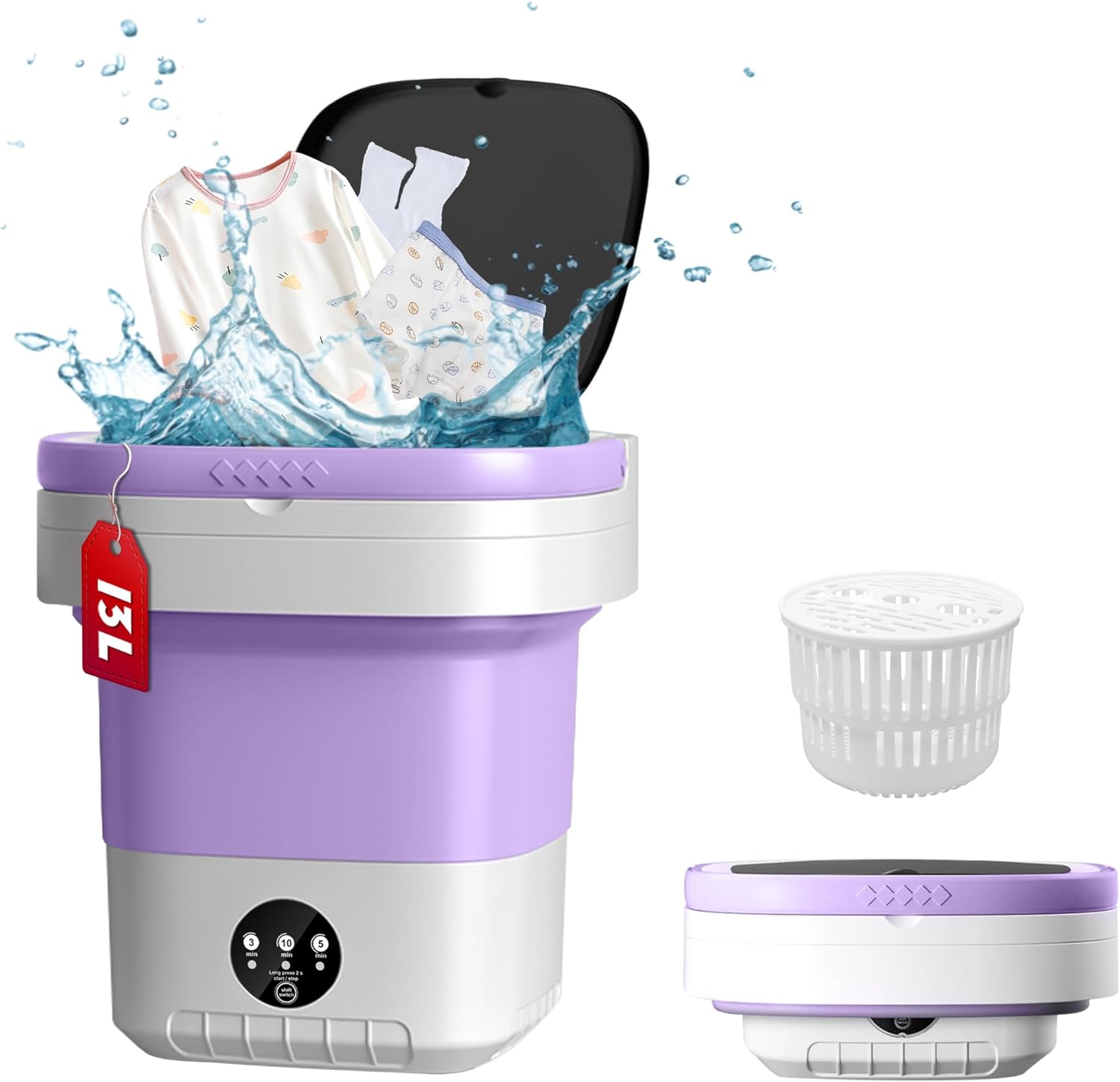 13L Portable Washing Machine, Mini Portable Washer with Spin Dryer, 3 Modes Deep Cleaning for Baby Clothes Socks Underwear or Small Items, small Washing Machine suitable for Apartment,RV Travel Purple