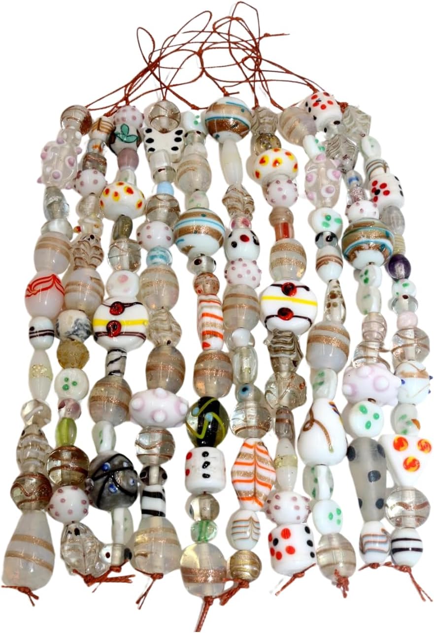 Handcrafted White Combination Lampwork Glass Beads | Multi Shape Fancy Spacer Beads | Available in 50 Strands | Artistic Handmade Beads for Jewelry Making, DIY Crafts.