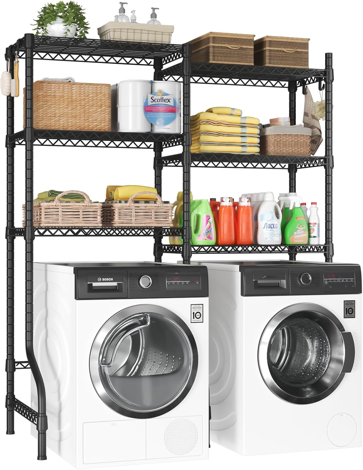 U15 Over Washer and Dryer Storage Shelves, Laundry Above Washer Dryer Storage Rack Space Saver, 6-Tier Wire Shelf with 4 Hooks for Organization, 63.4
