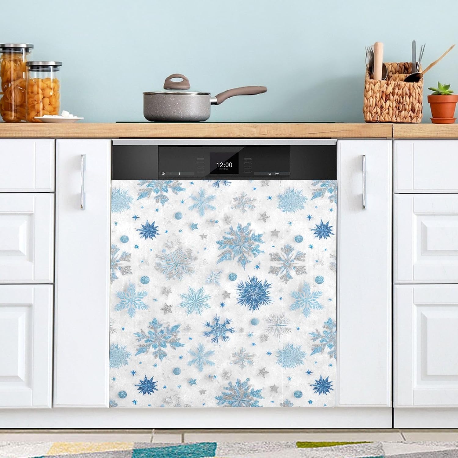 Pfrewn Christmas Winter Magnetic Dishwasher Cover Blue White Snowflakes Christmas Winter Flowers (14) Fridge Door Covers Kitchen Decal Vinyl Panel Decorative Refrigerator Laundry Appliances 23x26in
