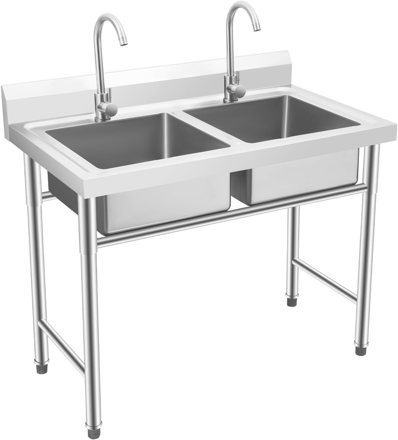 35.8 * 21.3 * 40in Commercial Stainless Steel Sink 2 Compartment Free Standing Utility Sink Freestanding Kitchen Sink for Garage Restaurant Kitchen Laundry Room Outdoor