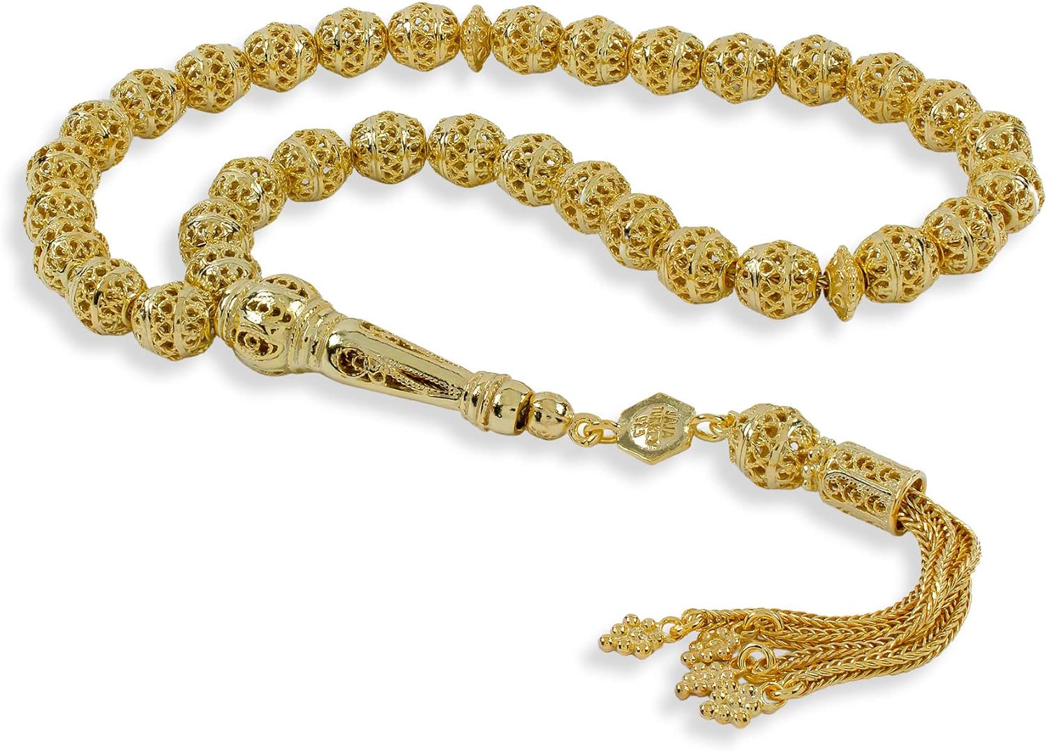 Filigranist Gold Plated 925 Sterling Silver Filigree Art Oval Beads Tasbeeh 33 Piece Silver Beads Misbaha Tasbih Prayer Bead Worry Beads Rosary Stress Chain