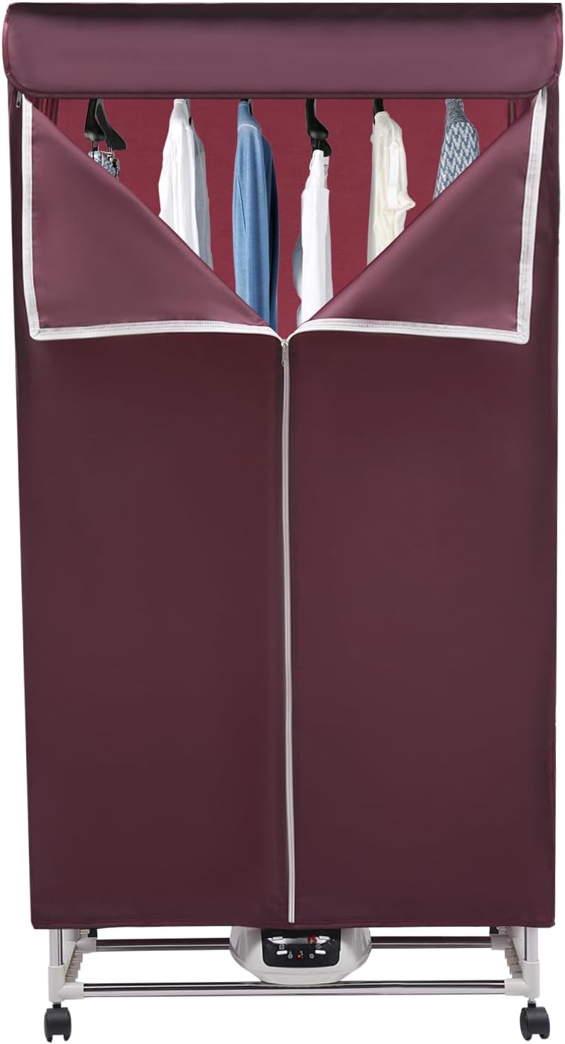 Clothes Dryer, 110V 1200-1500W Portable Travel Drying Machine Foldable Electric Clothes Dryer with Remote Control Adjustable Time for Home,Laundry,Apartment (Wine Red, Remote Control)