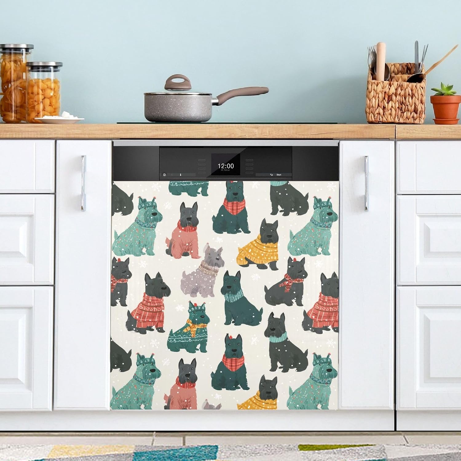 Pfrewn Christmas Winter Magnetic Dishwasher Cover Winter Scottish Terrier Dogs Snow (1) Fridge Door Covers Kitchen Decal Vinyl Panel Decorative Refrigerator Laundry Appliances 23x26in