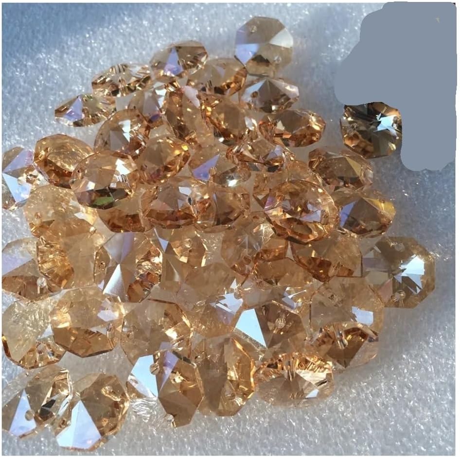 Hanging Crystals Prisms 500pcs 14mm Champange Crystal Octagon Beads in 2 Holes for Accessories Chandelier Parts Hangings Crystals for Decoration