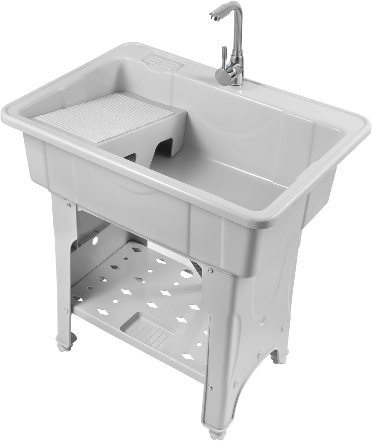 Freestanding Plastic Laundry Sink, 154LBS Utility Sink Laundry Tub with Washboard, Portable Wash Bowl Basin with 360° Rotatable Faucet, for Laundry Bathroom Garage Balcony (Grey, 31.5×22.05×31.5in)