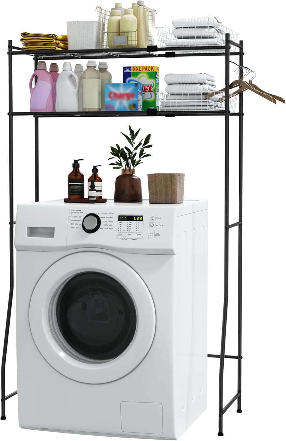 Laundry Room Storage Shelf & Organizer, 2 Tier Metal Over Washer and Dryer Shelves, Washing Machine Shelf with Hanger Rod, Expandable Bathroom Space Saver Shelf, 26–37