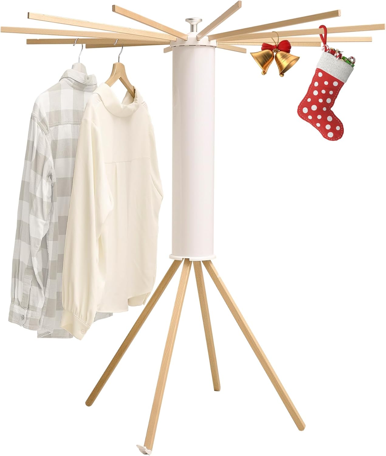 LEQ Clothes Drying Rack Portable,Foldable Drying Rack Clothing with 12 Wood Drying Arms, Standing Laundry Hanger Rack Round Collapsible & Portable Dryer Handle for Laundry Room, Balcony, Bedroom, RV