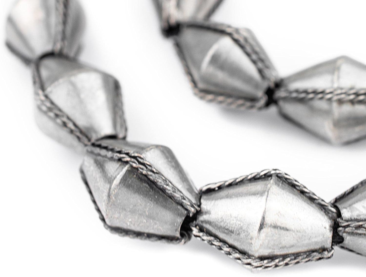 The Bead Chest Ethiopian Wired Dark Silver Bicone Beads 22x16mm African White Metal Large Hole 24 Inch Strand Handmade