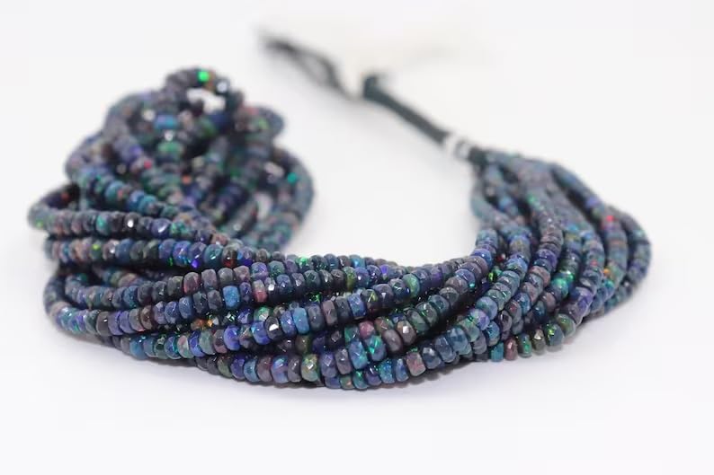 AAA+ Fire Black Opal Faceted Rondelle Beads 4-6MM Ethiopian Flashy Black Opal Beads for Jewelry Making