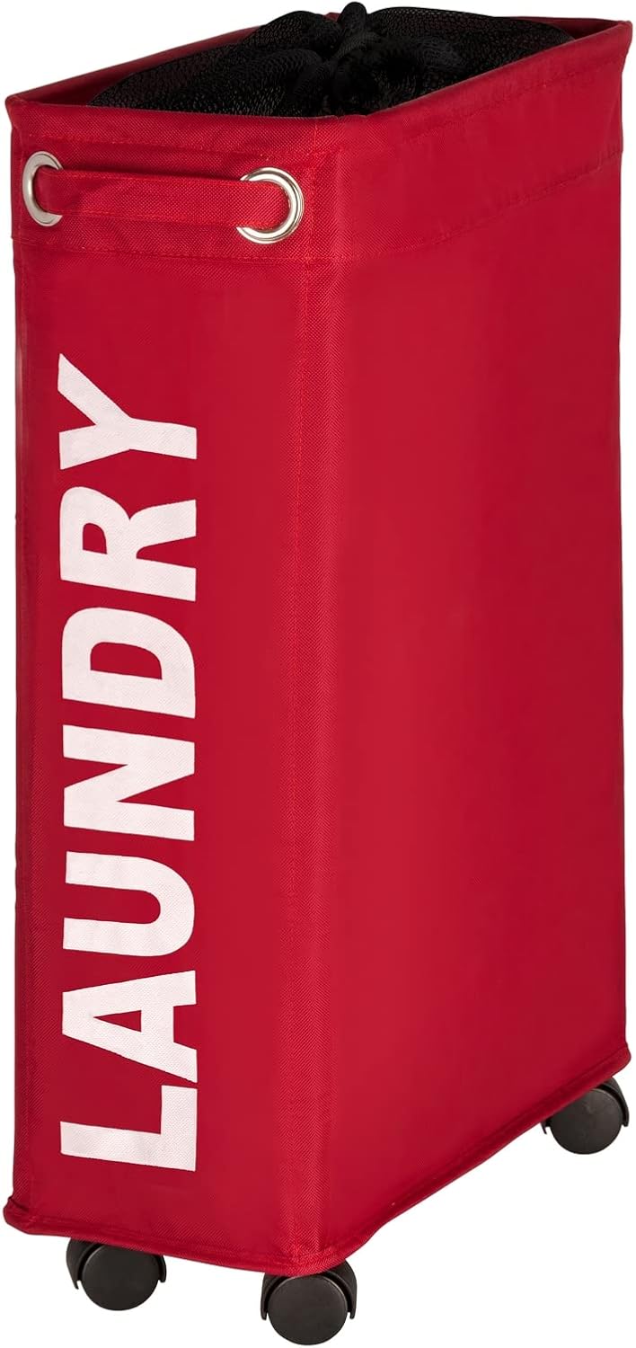 Red Laundry Basket Corno - thin Laundry Hamper with wheels - small space laundry bin - narrow hamper, laundry collector, laundry basket with wheels