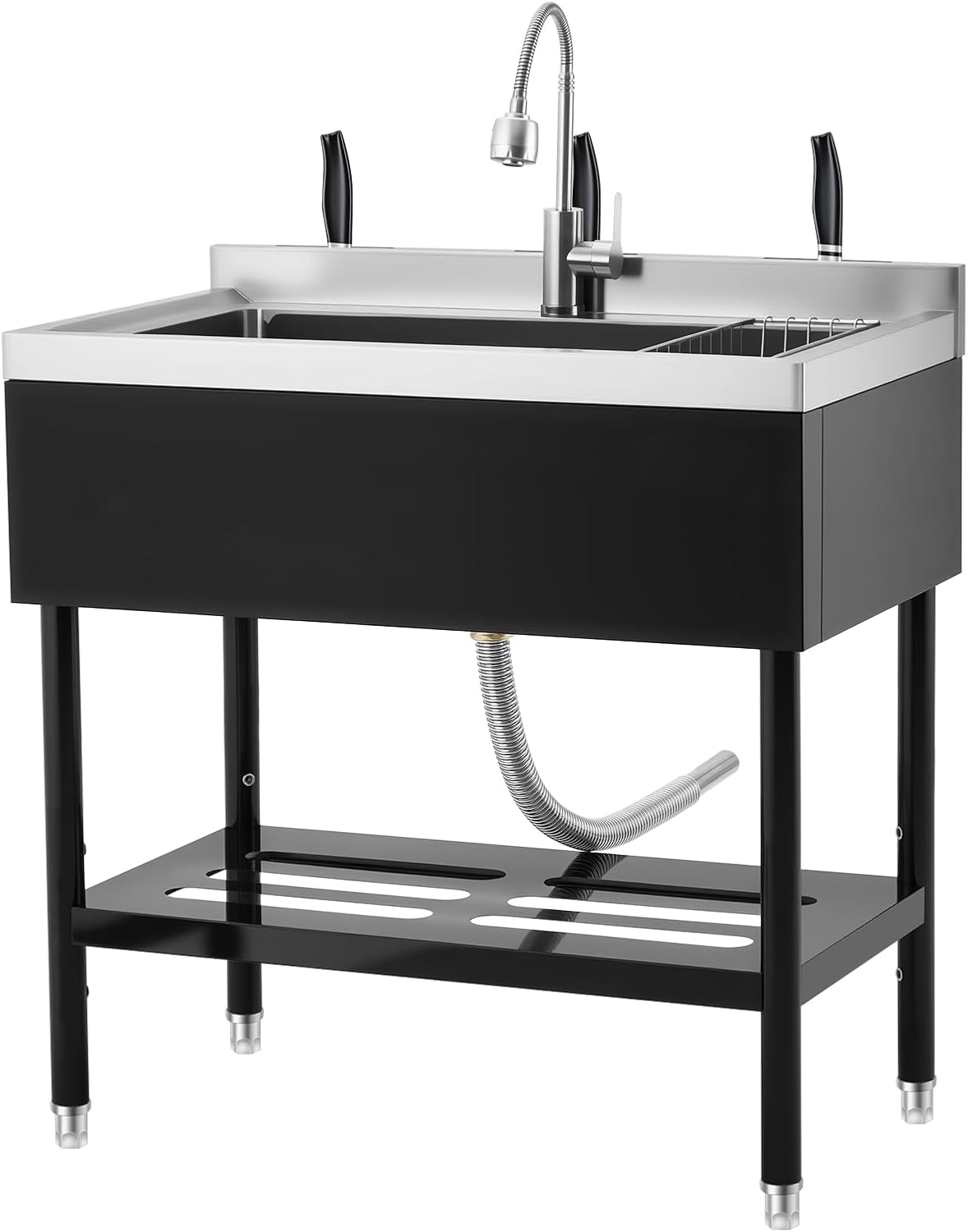 Stainless Steel Utility Sink, Commercial Prep Sink, Storage Shelf & Adjustable Legs for Kitchen, Laundry Room (36 x 20 x 35.5 Inch (Single Sink-Black))