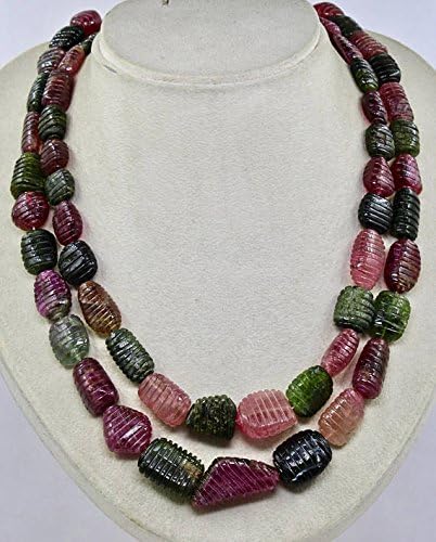 natural multi watermelon tourmaline carved beads necklace 17 inches 33 mm to 15 mm