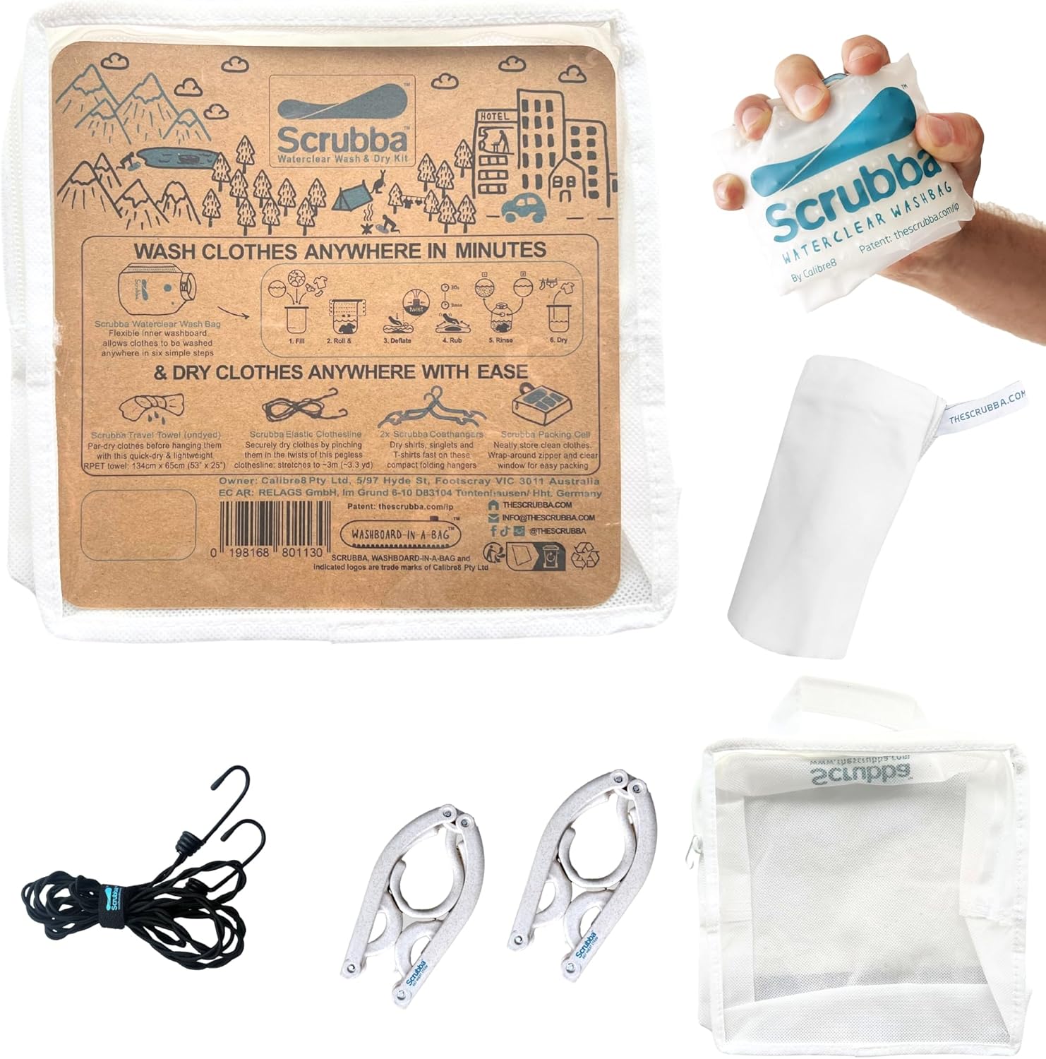 Scrubba WATERCLEAR Wash Bag & Dry Kit – Portable Washing Machine System with XL Towel, Pegless Line & Hangers – Lightweight Laundry Essentials for Camping, Hiking, Hostels & Hotels – Easy-Rinse Inlet