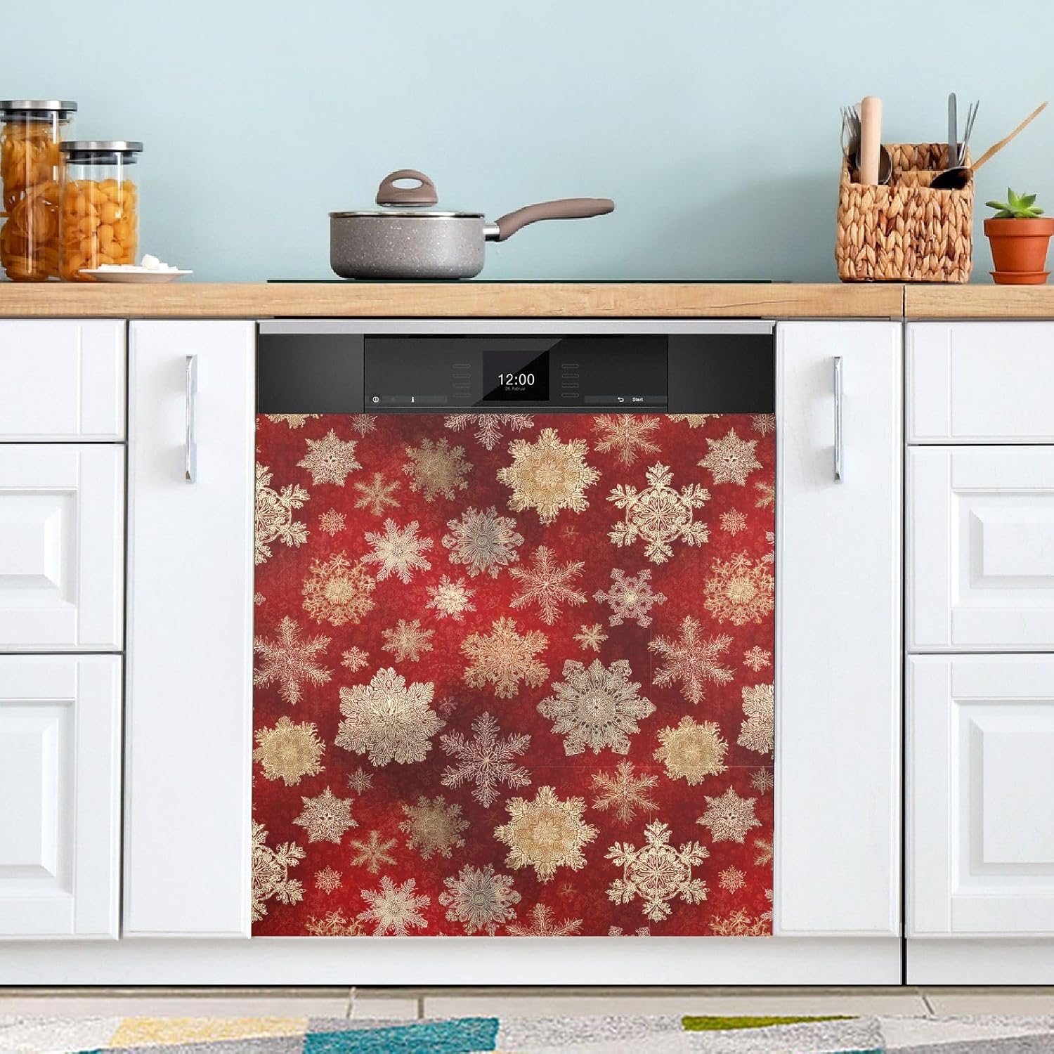 Pfrewn Christmas Winter Magnetic Dishwasher Cover Red Gold Snowflakes Christmas Flowers (5) Fridge Door Covers Kitchen Decal Vinyl Panel Decorative Refrigerator Laundry Appliances 23x26in
