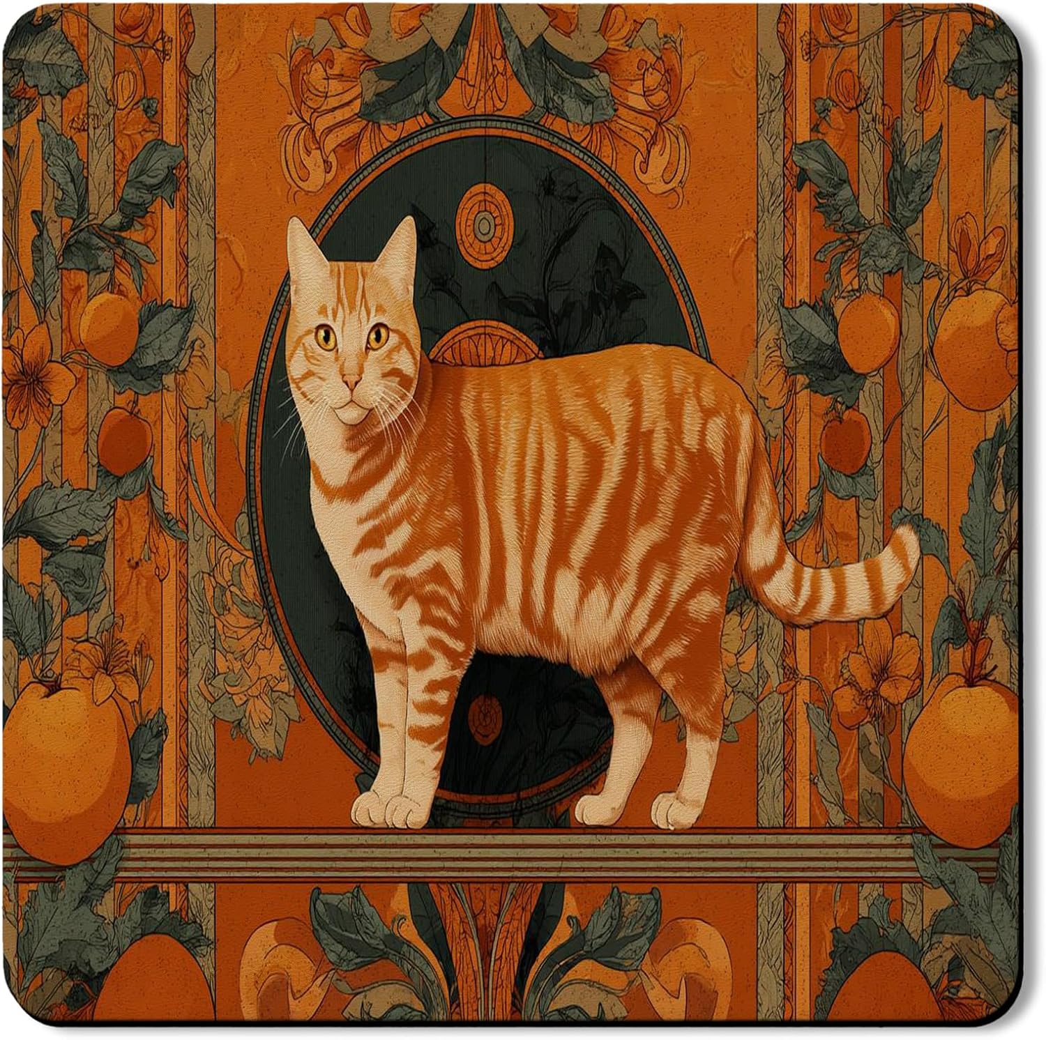 Ornamental Cat Washer Dryer Top Protector Mat, Vintage Inspired Orange Feline Design Laundry Machine Covers, Artistic Rubber Anti-slip Waterproof Mats for Laundry Room 24x24 Inch