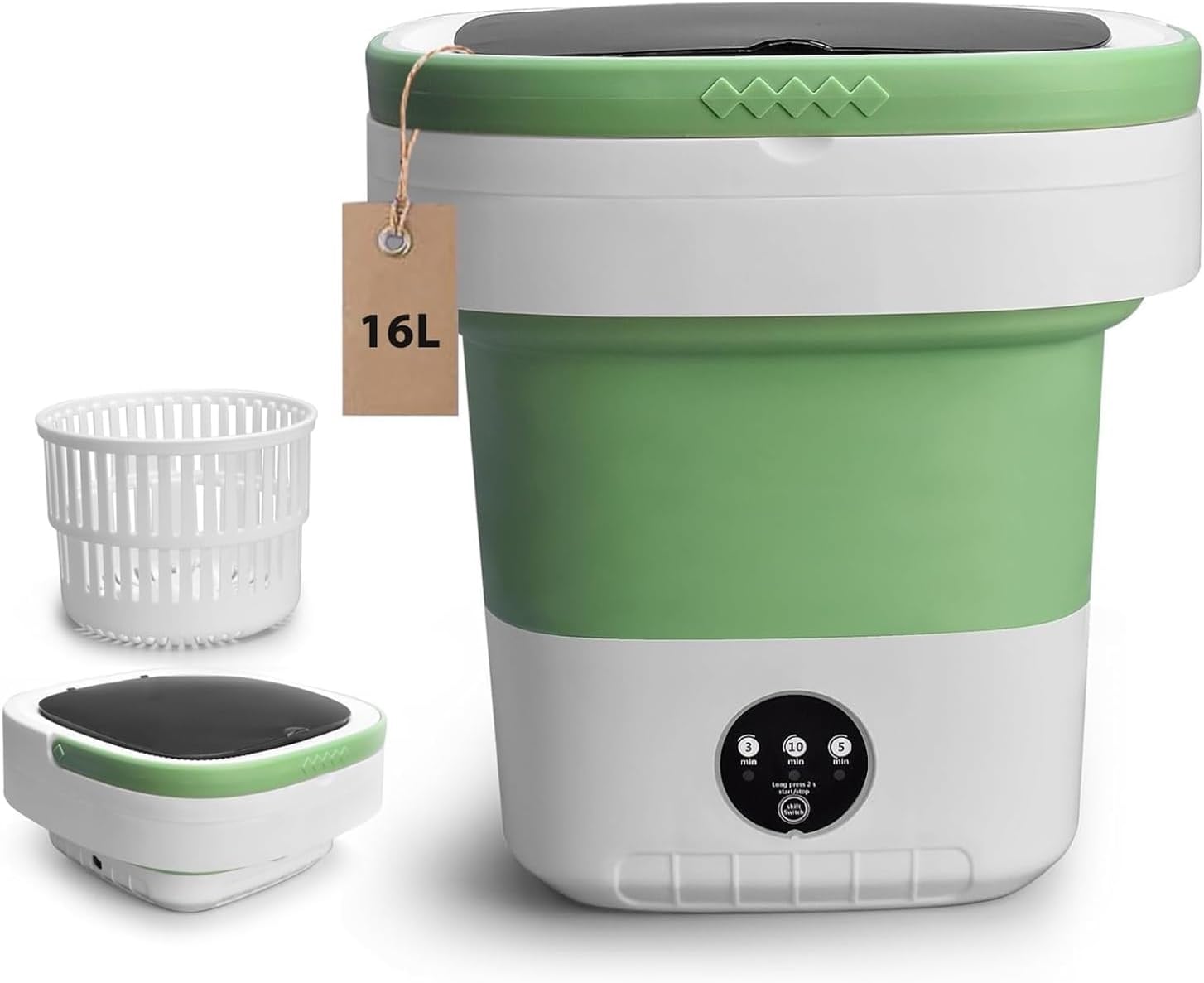 16L Foldable Portable Washing Machine with Spin Basket 3 Modes Washer for Clothes Socks Delicates Portable Washer Ideal for Travel Camping Home Apartment(Green)