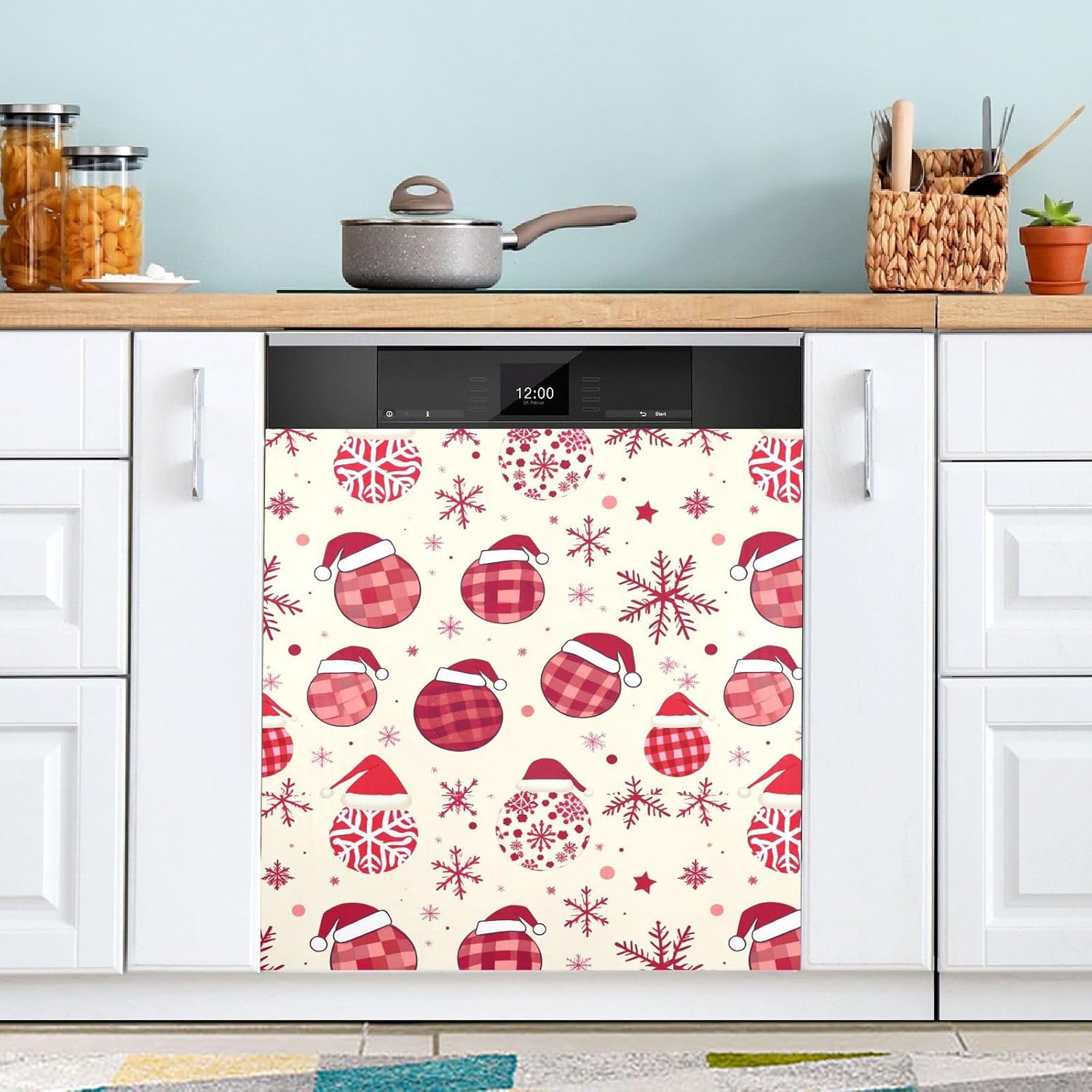 Pfrewn Christmas Winter Magnetic Dishwasher Cover Christmas Red Balls Snowflakes Fridge Door Covers Kitchen Decal Vinyl Panel Decorative Refrigerator Laundry Appliances 23x26in