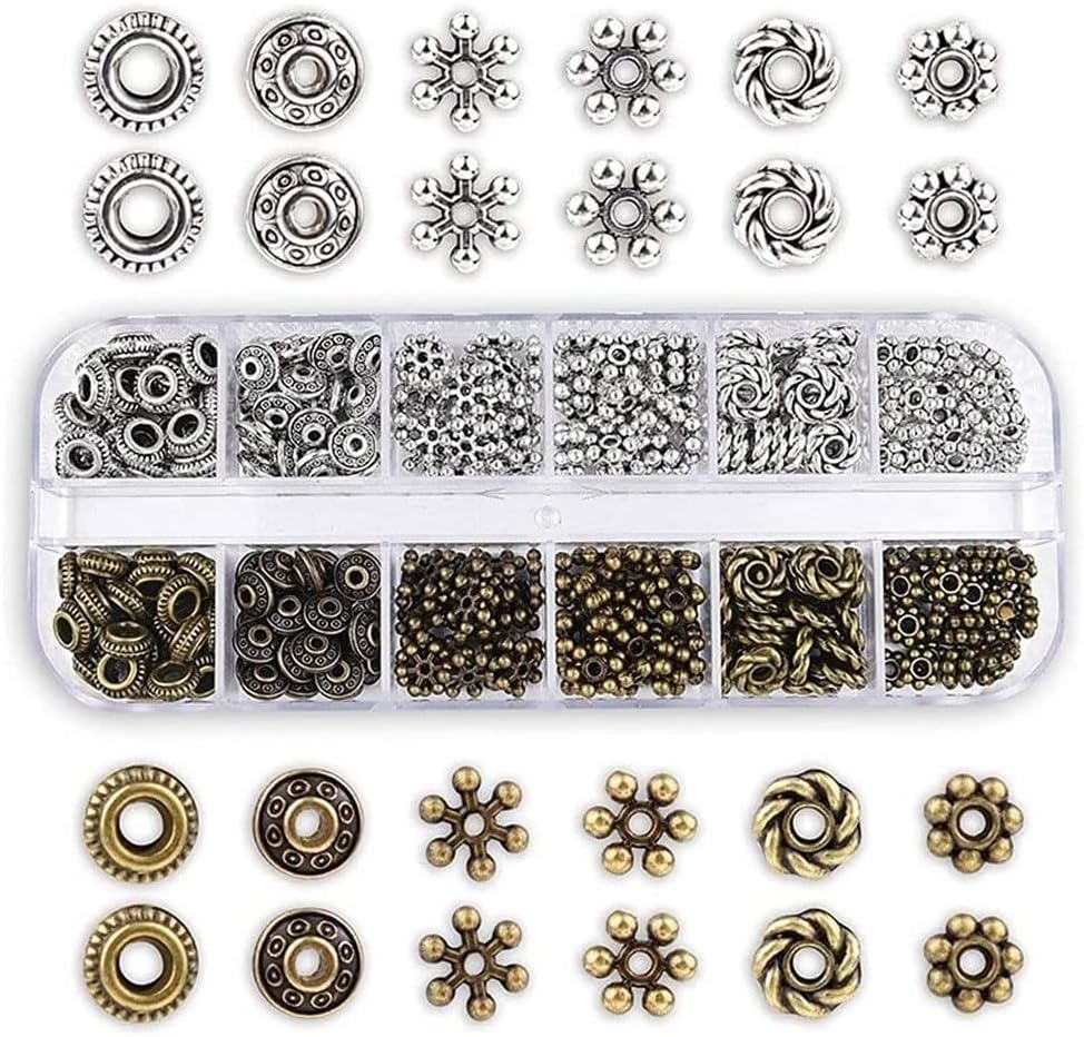 300pcs Silver Spacer Beads 6 Style Jewelry Beads Charm Spacers Alloy Beads Kit for Bracelets Necklace Earrings Jewelry Making