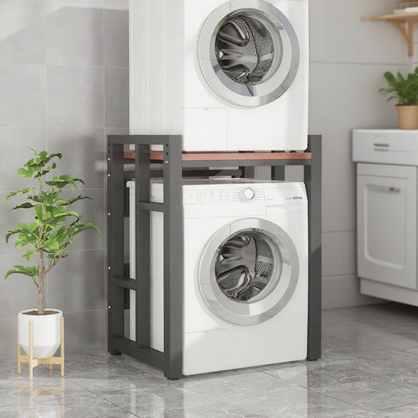 Steel Washer Dryer Stacking Rack Shelf, Standing Washing and Dryer Machine Stackable Rack Stand Save Space Laundry Room Organizer Heavy Duty Shelf Adjustable Height for Small Space