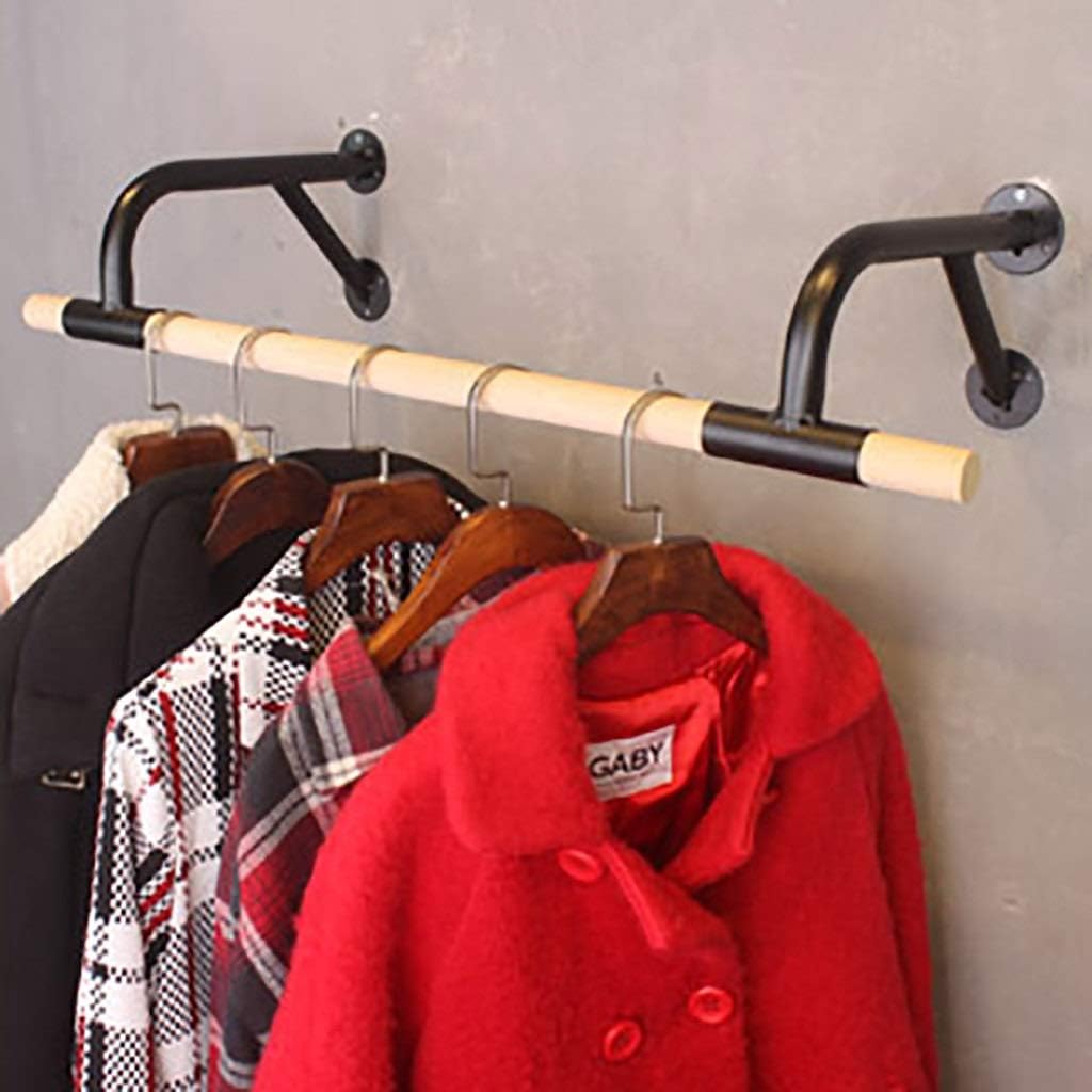 REMYS Closet Hanging Clothes Rod, Laundry Room Industrial Wood Wall Clothes Hanging Rod,Iron Pipe Bracket Clothes Rod Garment Rack Commercial Clothing Display Rack(Black,60x29x16cm)