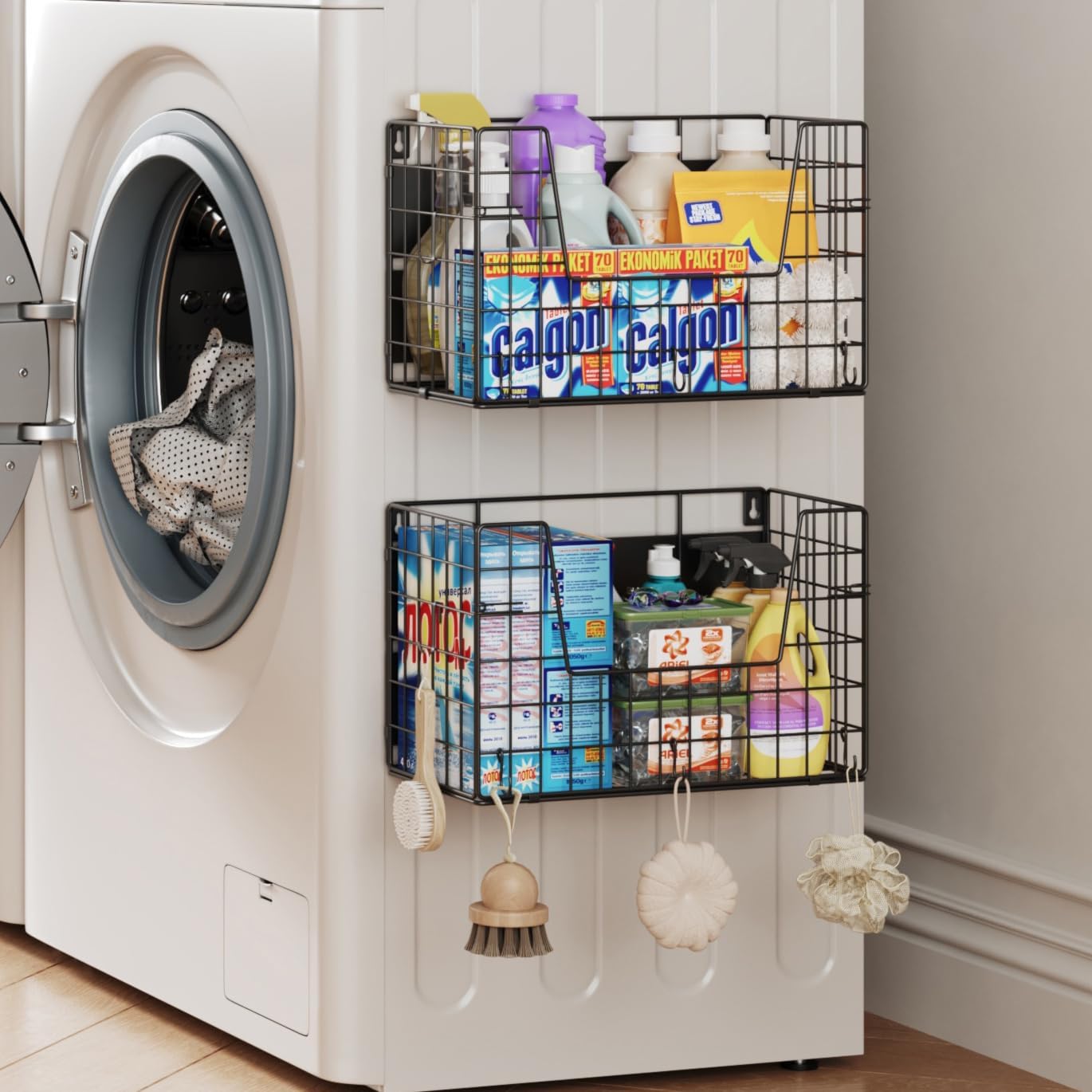 2-Pack Magnetic Laundry Basket Organizer Storage,Magnetic Shelves for Washer Dryer Organizer,Hanging Laundry Basket for Washing Machine(Black)