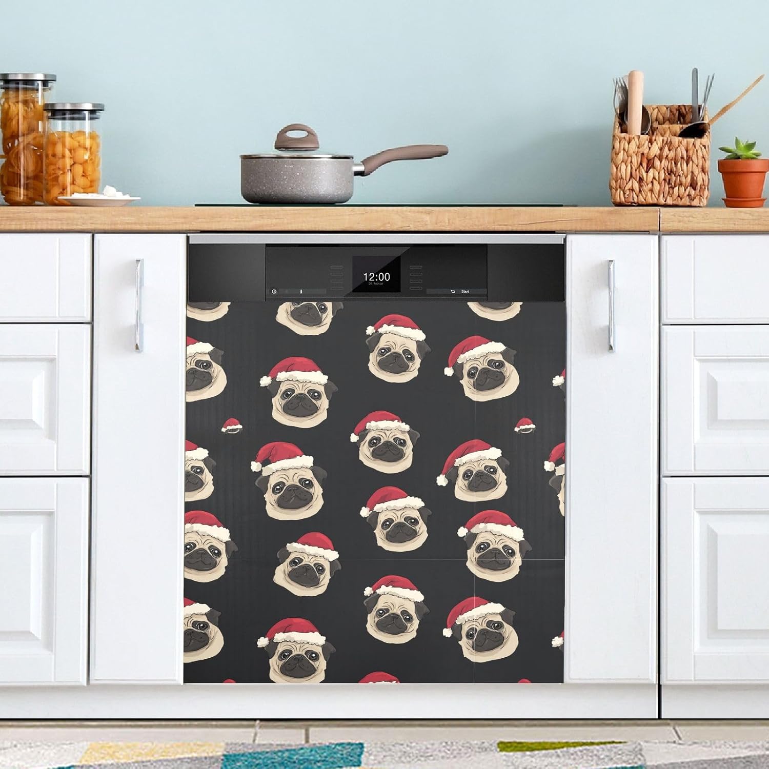 Pfrewn Christmas Winter Magnetic Dishwasher Cover Pug Dogs Wearing Santa Hats Black Fridge Door Covers Kitchen Decal Vinyl Panel Decorative Refrigerator Laundry Appliances 23x26in