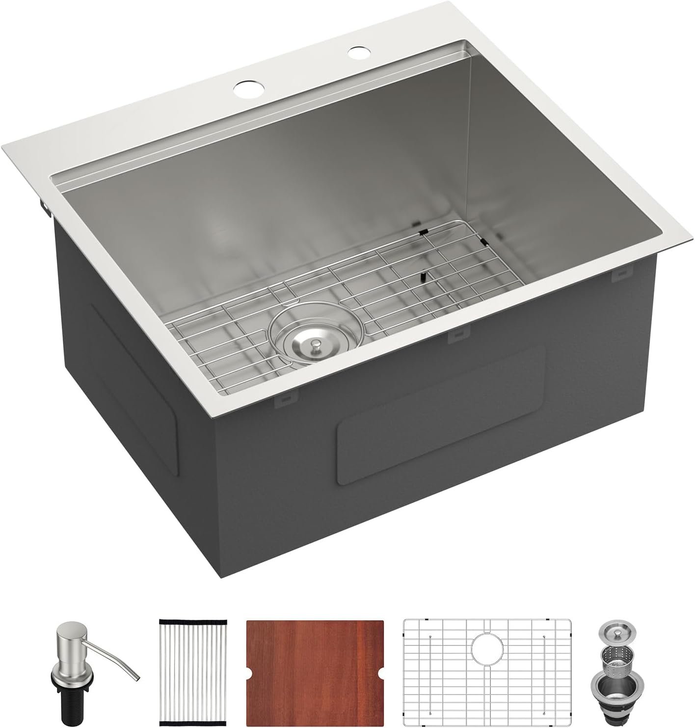 Sarlai 25 Inch Drop In Laundry Sink - 25x22 Utility Workstation Sink 12 Inch Deep Topmount Drop-In Single Bowl Stainless Steel Kitchen Laundry Sinks Handmade Basin with Cutting Board Combo