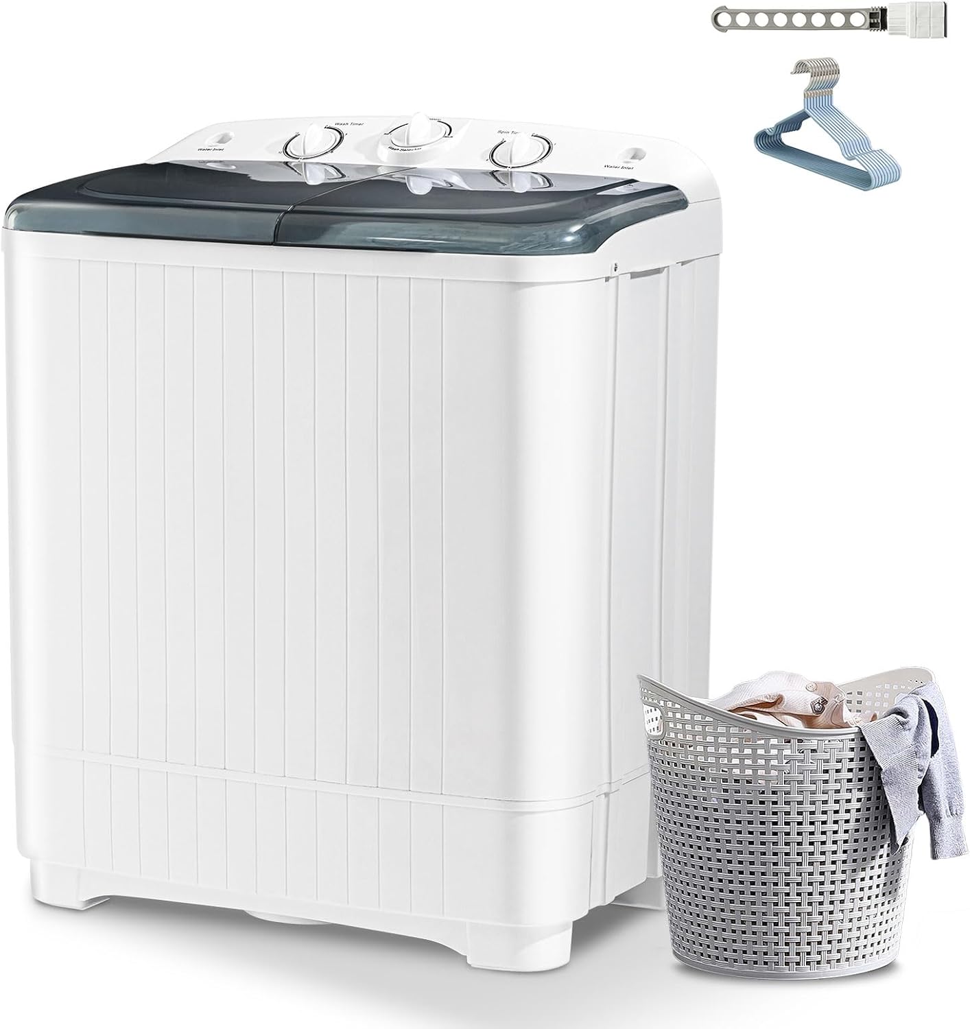 22lbs Twin Tub Mini Washing Machine, Portable Compact Laundry Washer with 13lbs Wash & 9lbs Spin Dry, Free Drying Rack & 10 Hangers, Easy Operation for Dorm, RV, Camping, Apartment