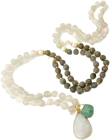 Moonstone and Labradorite Stone Mala Beads, 108 Mala Necklace, Knotted Mala, WWG Necklace, Yoga Jewelry Meditation Beads Spiritual Jewelry Boho Jewelry, 34inch, Gemstone