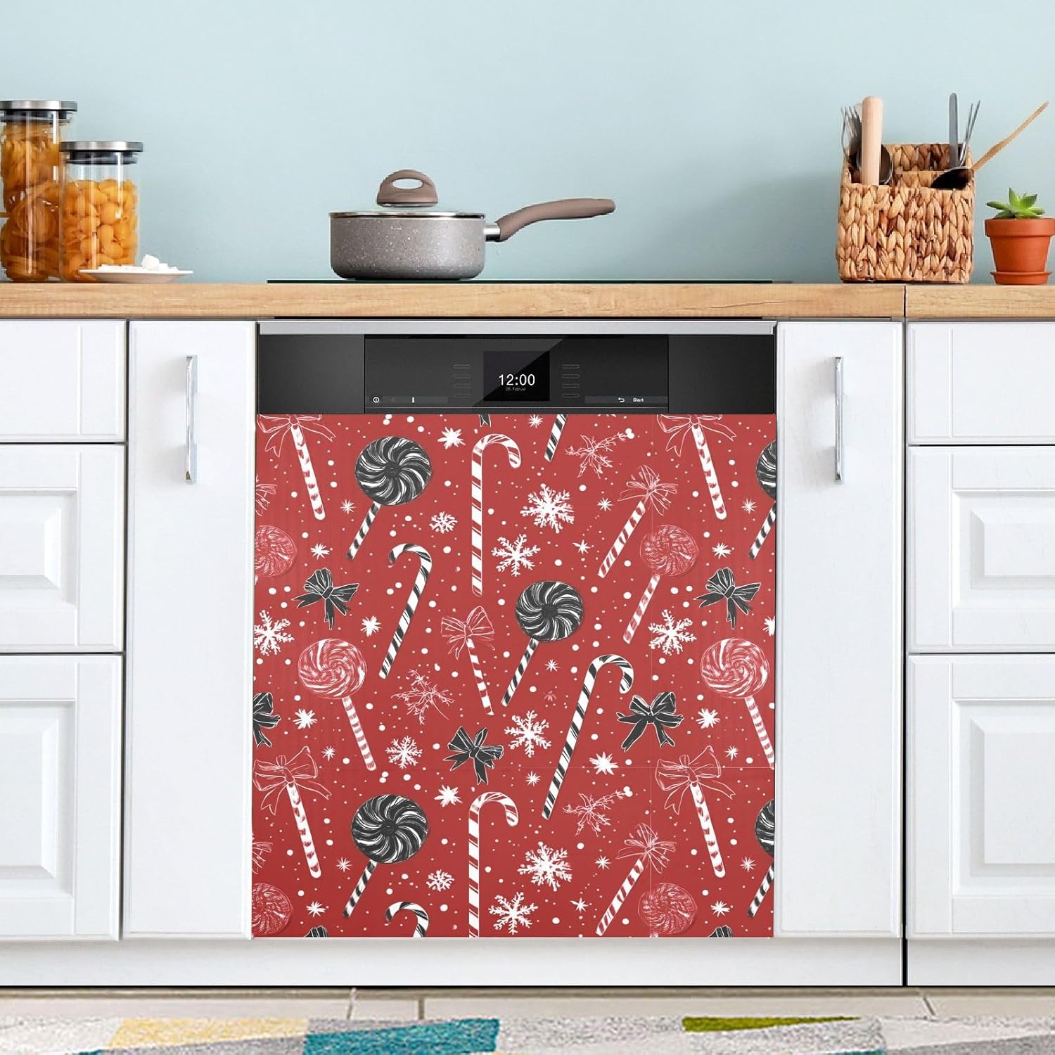 Pfrewn Christmas Winter Magnetic Dishwasher Cover Red Christmas Candy Snowflakes Fridge Door Covers Kitchen Decal Vinyl Panel Decorative Refrigerator Laundry Appliances 23x26in