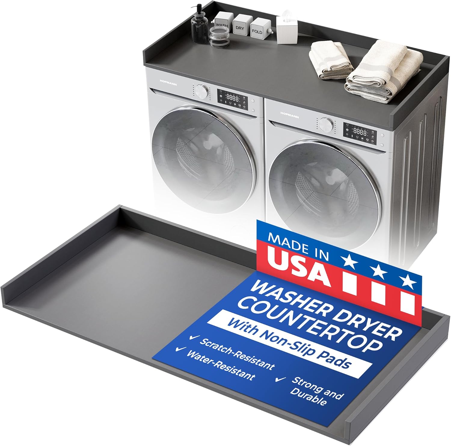 OfficeSimpli Washer Dryer Countertop, Made in USA, Non-Slip Pads, Easy Clean, Laundry Room Essentials and Decor, Washer Dryer Wood Top for Organization (Slate Grey, Standard (27.5