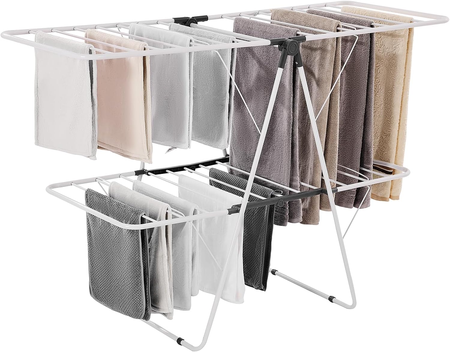 VEVOR Clothes Drying Rack, 2-Tier Foldable Laundry Dryer Rack with Sock Clips & 31 Dry Rods, Metal Height Adjustable Drying Racks for Outdoor & Indoor, Free-Standing & Space-Saving Hanger, White