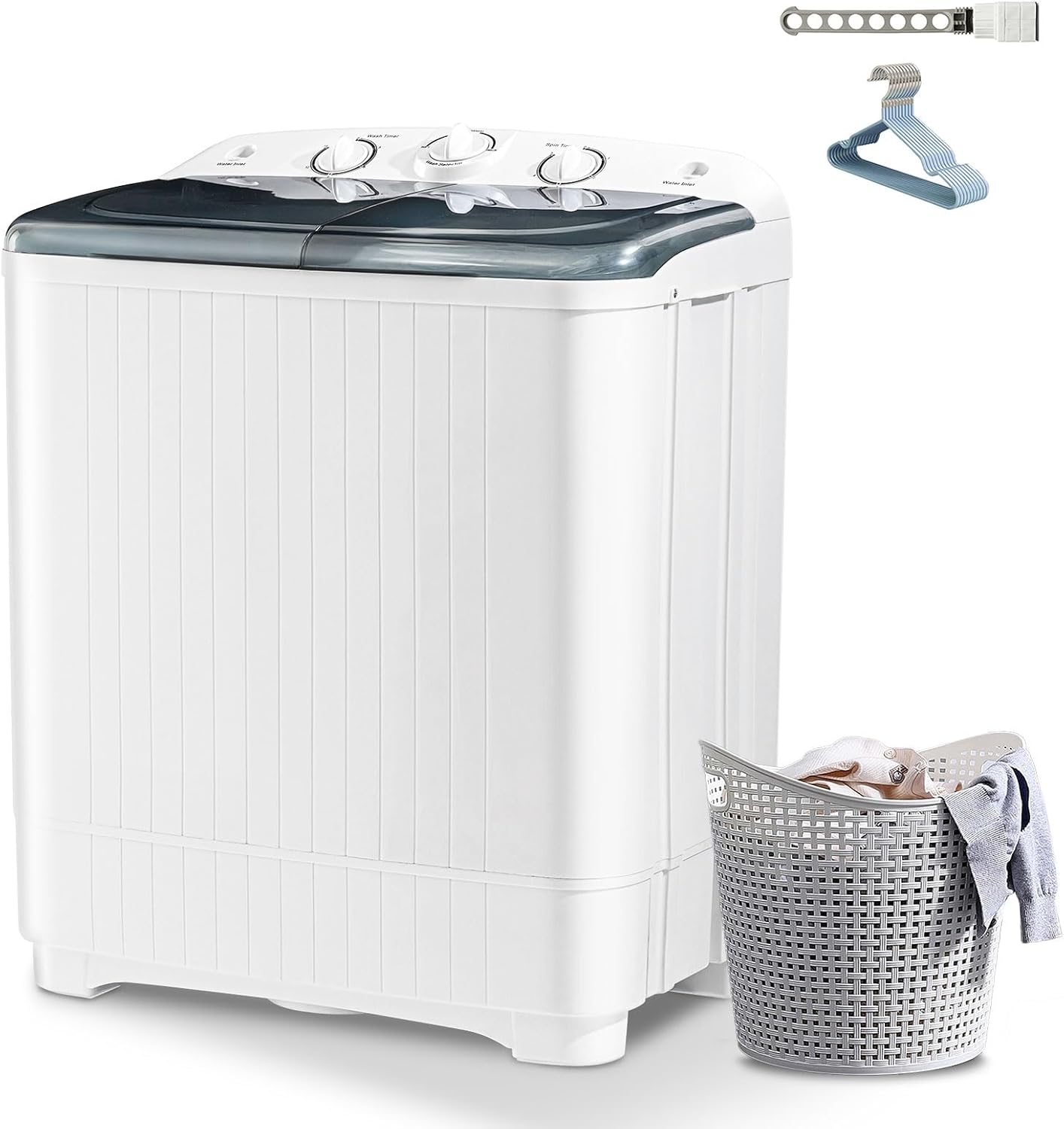 Sportpulse 22lbs Compact Mini Twin Tub Washing Machine with Drying Rack, 13lbs Portable Laundry Washer and 9lbs Spinner, Convenient and Efficient for Dorms, Apartment (Black, 22lbs)