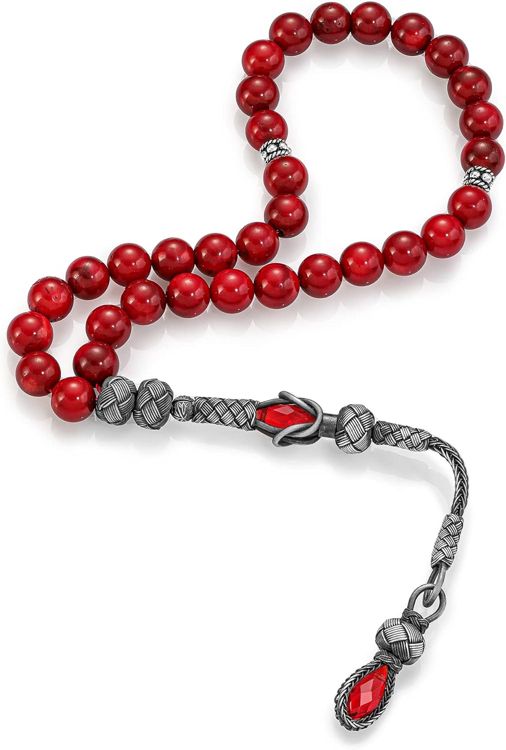 1000 Ct Silver Turkish Kazaz Coral Stone Islamic 33 Prayer Beads Tasbeeh Rosary