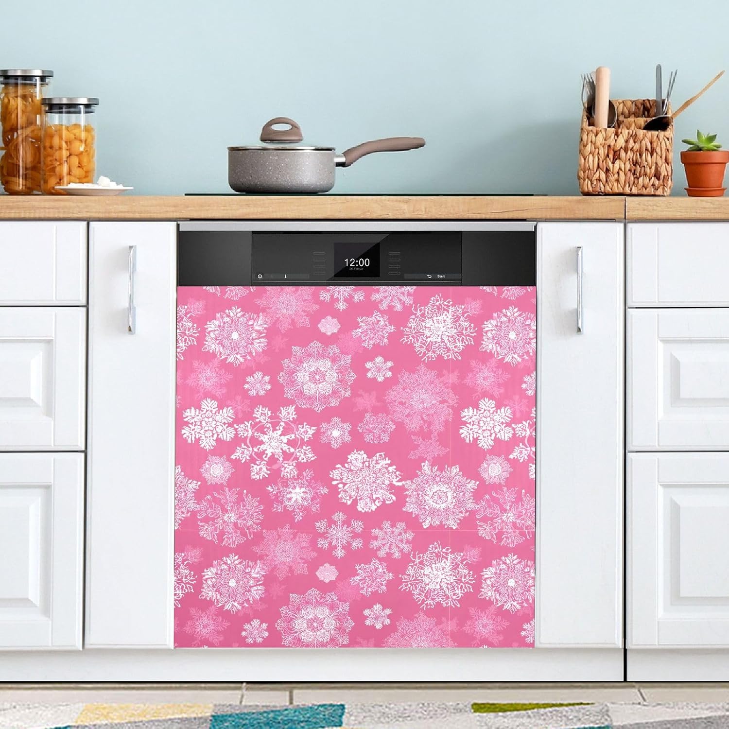 Pfrewn Christmas Winter Magnetic Dishwasher Cover Christmas Snowflake on Pink (2) Fridge Door Covers Kitchen Decal Vinyl Panel Decorative Refrigerator Laundry Appliances 23x26in