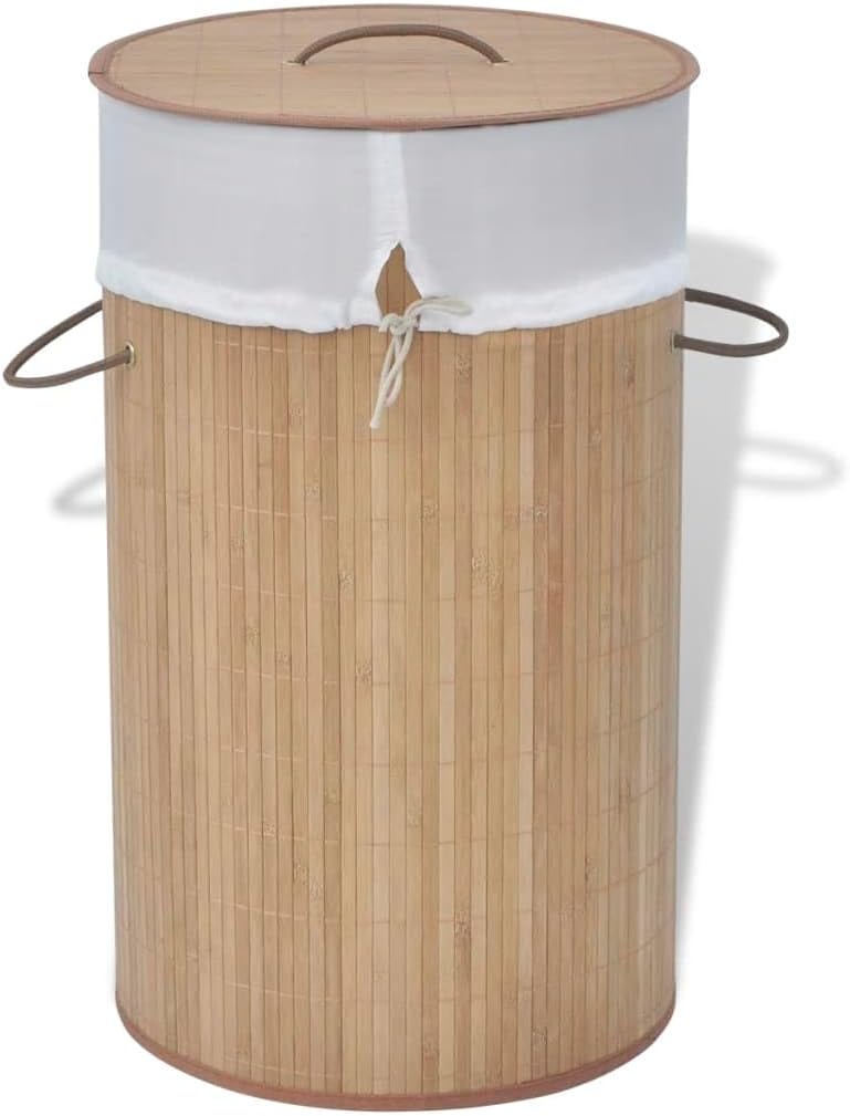 Bamboo Laundry Bin Round Natural with Removable Polyester Liner and Foldable Design for Home Organization and Storage