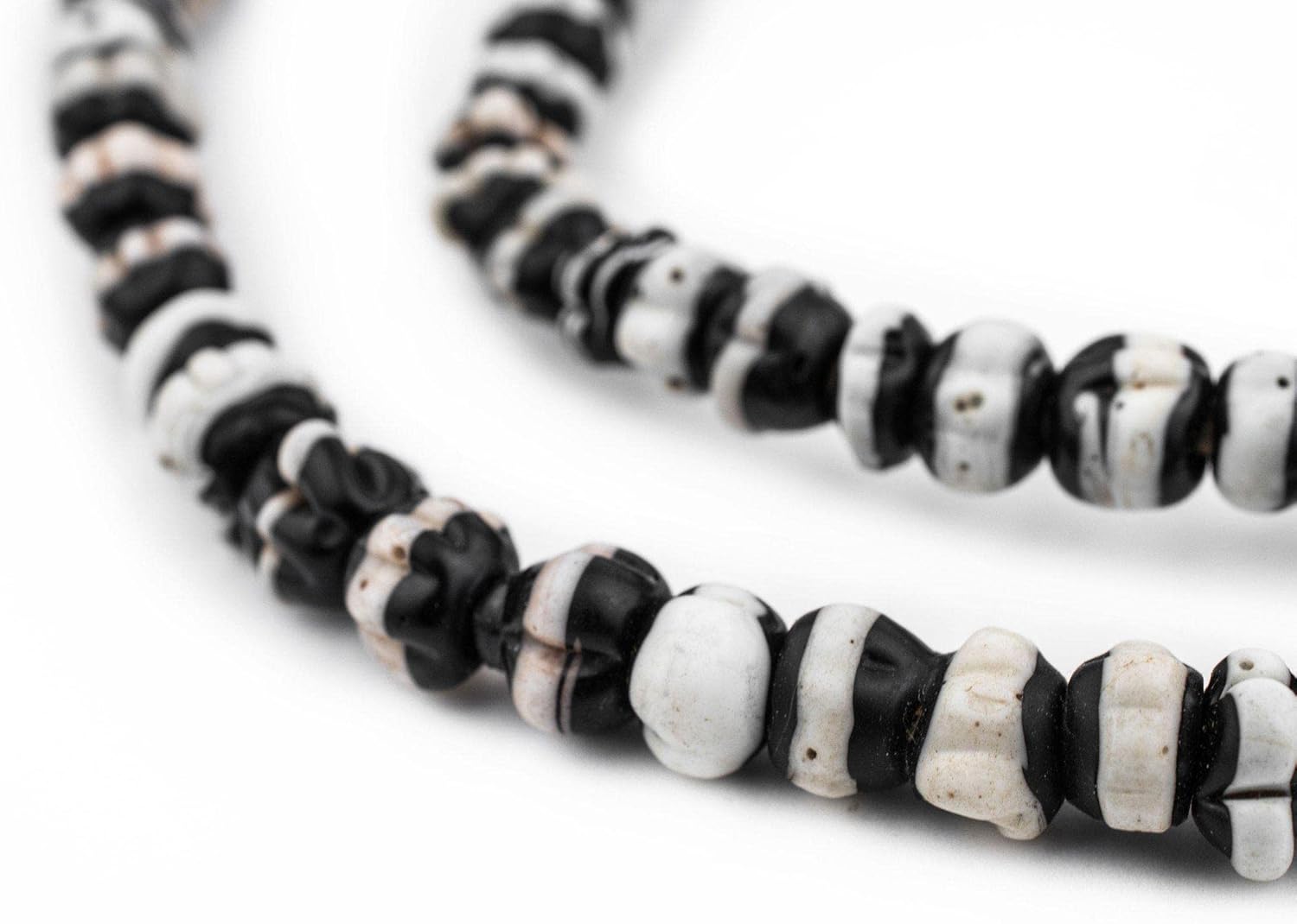 The Bead Chest White Stripe Dogtooth Venetian Trade Beads 8-10mm Nigeria African Black and White Unusual Glass Large Hole 38 Inch Strand