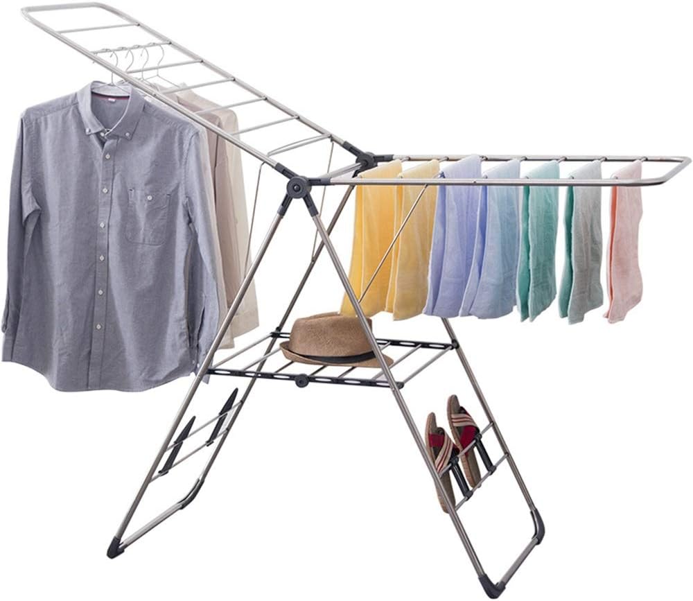 Clothes Airer 9.6 Metre Drying Space Multifunctional Air Dryer Stainless Steel Tubes Gray Winged Clothes Airer Folding Clothes Drying Rack Space Saving，Grey-166.5x60x95.5cm