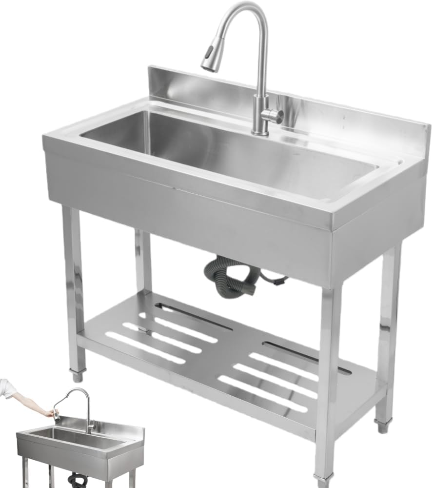 Freestanding Stainless Steel Laundry Utility Sink with Pull-Out Faucet - Large Single Bowl Utility Sink for Laundry Room, Farmhouse Indoor and Outdoor, Pet Cleaning (50L)