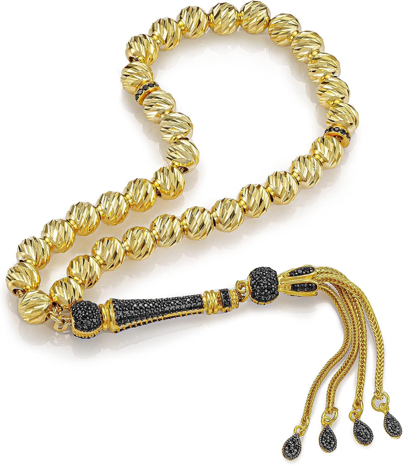 925 Sterling Silver Gold Plated Onyx Islamic Prayer Beads Rosary Tasbeeh Misbaha