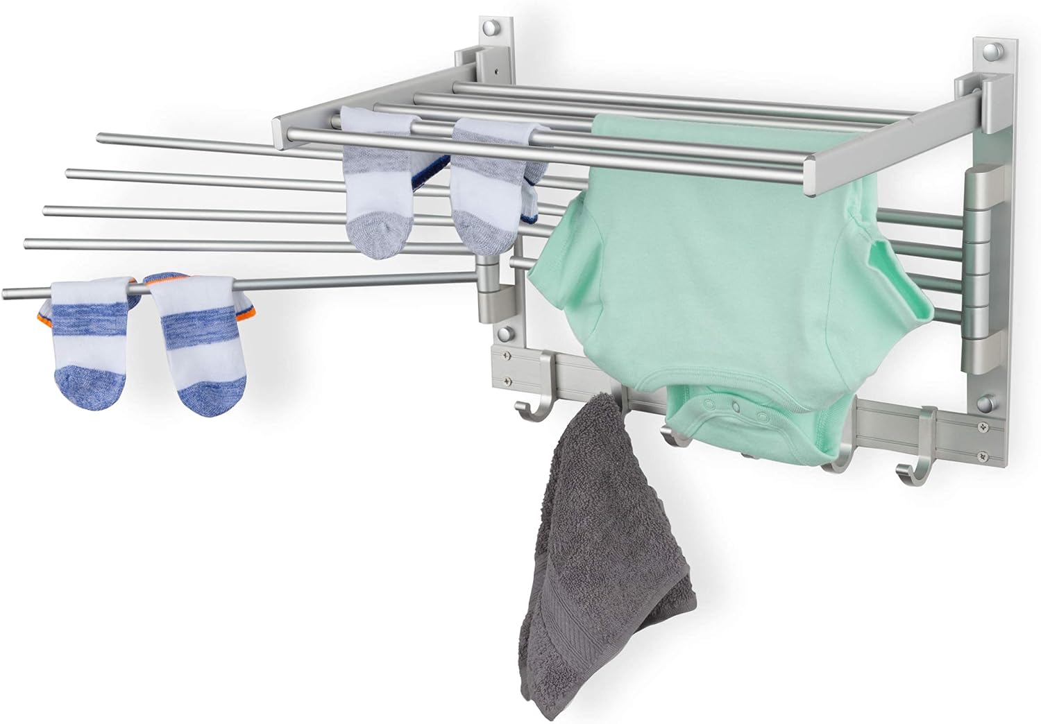 brightmaison BGT Wash Clothes Drying Rack Wall Mount Laundry Room Organizer with Hooks & Swing Arms, 17