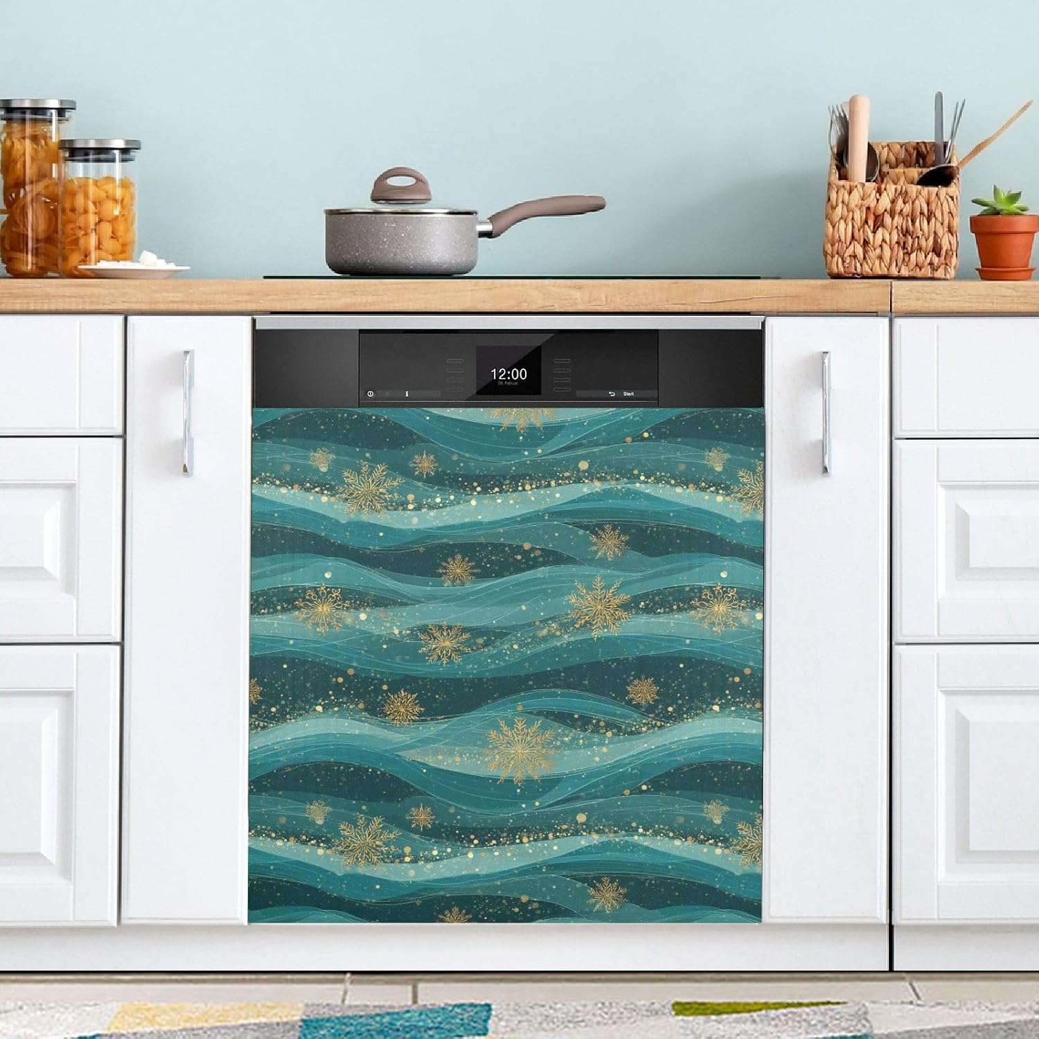 Pfrewn Christmas Winter Magnetic Dishwasher Cover Striped Wave Winter Gold Snowflakes (1) Fridge Door Covers Kitchen Decal Vinyl Panel Decorative Refrigerator Laundry Appliances 23x26in
