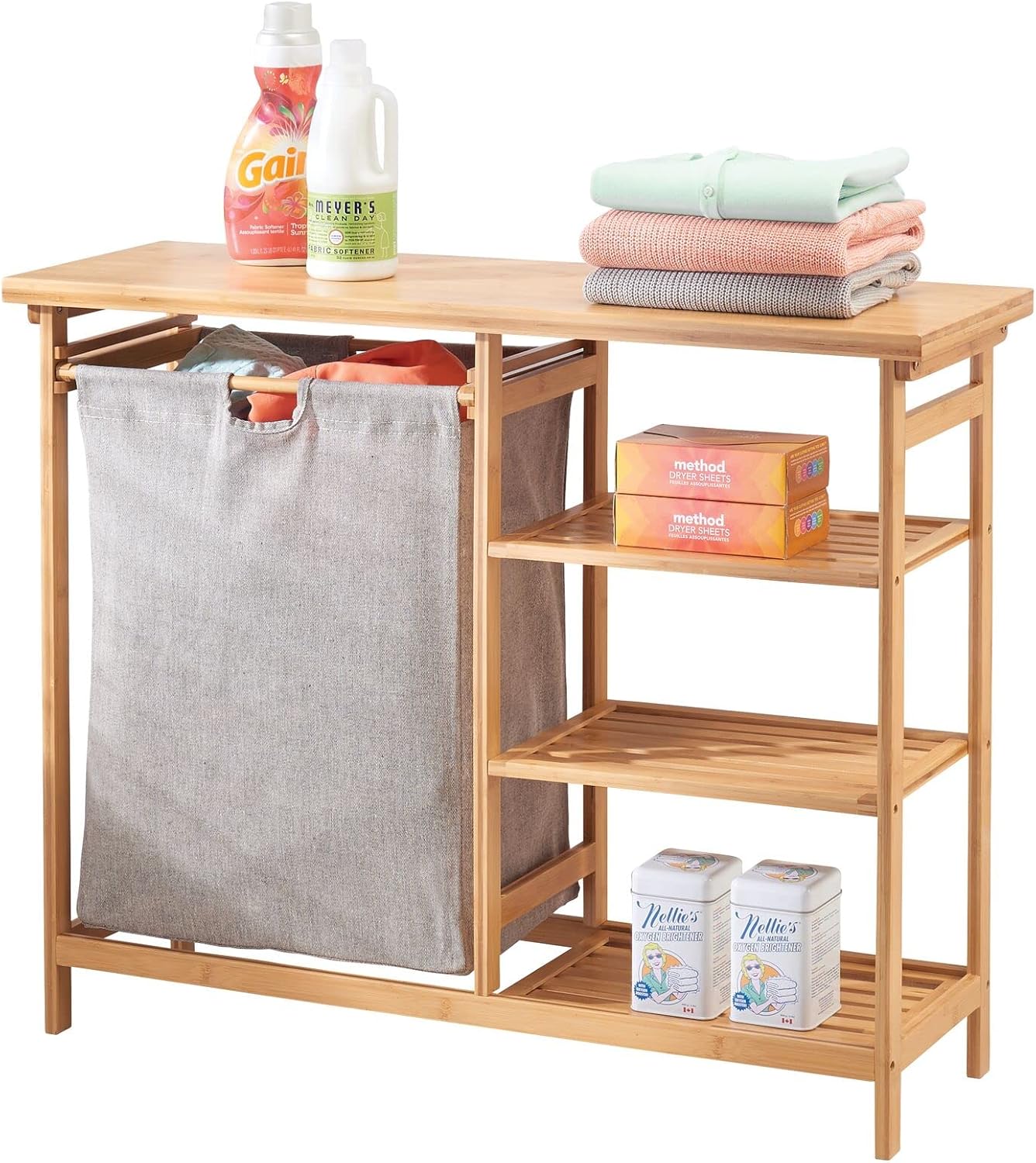 mDesign Bamboo Freestanding Laundry Hamper Basket Table - Storage Shelves for Folding Clothes and Organizing Detergent, Fabric Softener, Bleach, Dryer Sheets - Echo Collection - Natural