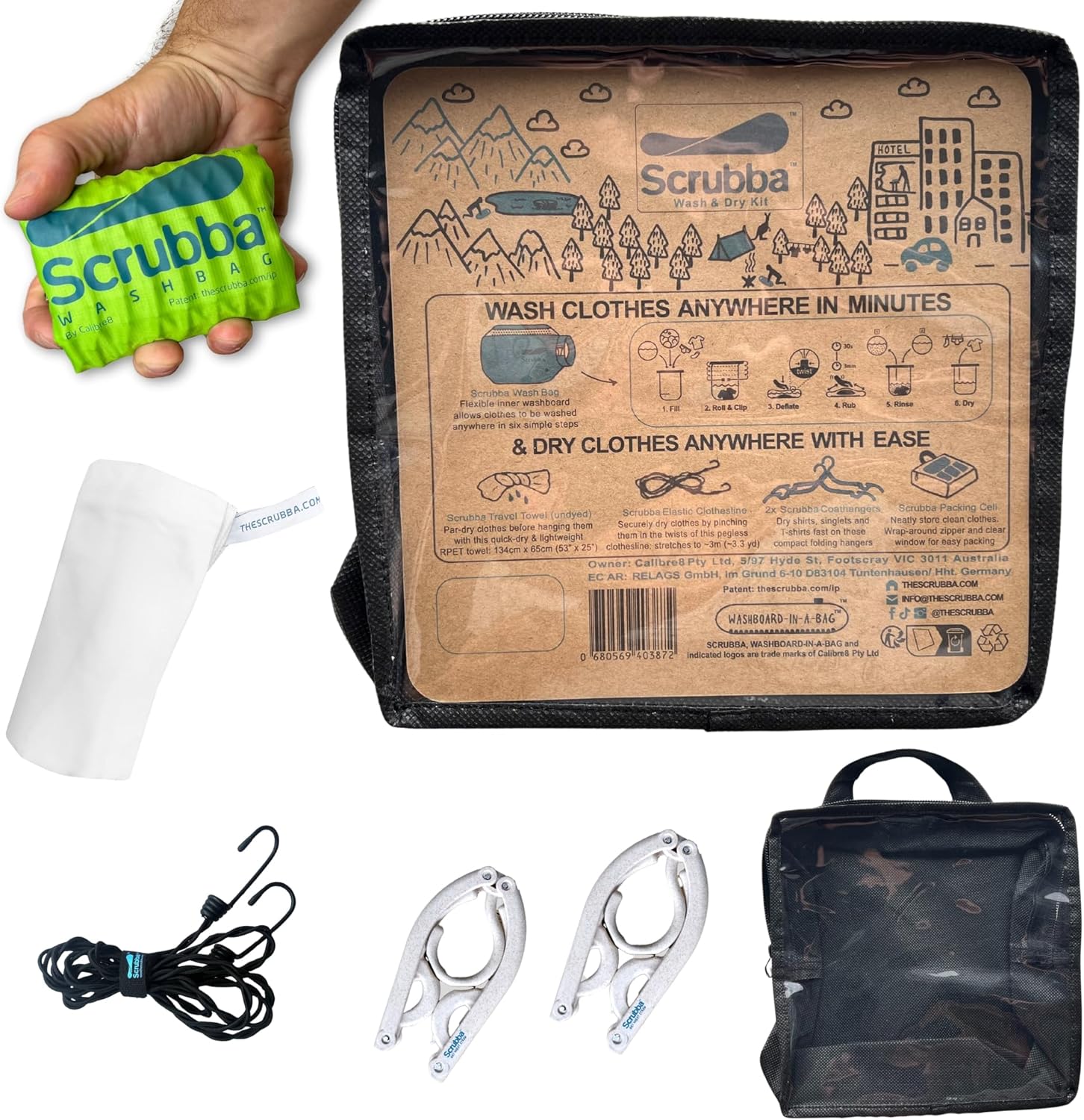 Scrubba Portable Wash Bag Kit (5 Pieces) - Hand Washing Machine System - Light & Small Portable Washer for Travel, Camping, Hiking & Hotel Room Washing – Eco-friendly Travel Laundry Essentials