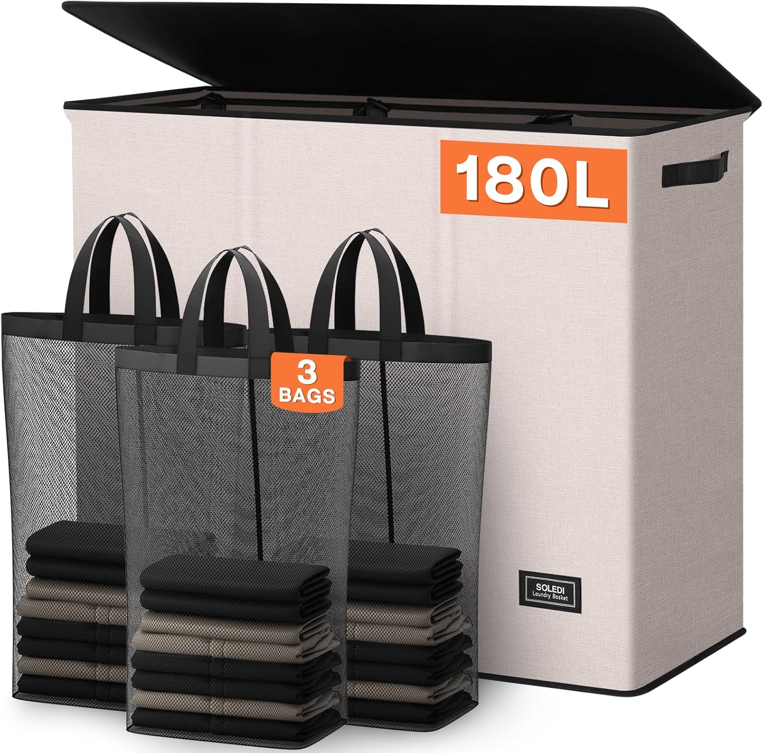 SOLEDI 180L 3-Section Laundry Hamper with Lid, Extra Large Dirty Clothes Basket with Sturdy Handles for Laundry Room & Bedroom - Durable Organizer for Sorting Laundry