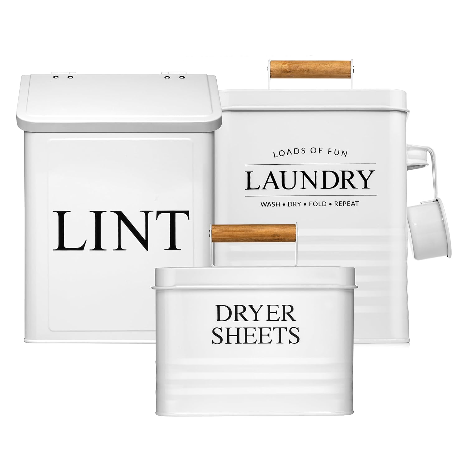 Calindiana Modern Farmhouse Laundry Storage Bin, Dryer Sheets Holder & Powder Pods Container Bundle, White, Tin & Wood, 7.3L, Indoor, Laundry Room Organization